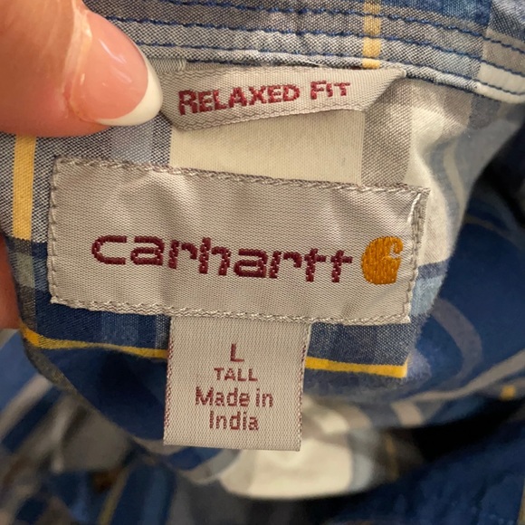 Carhartt Mens Dark Cobalt Blue Essential Plaid Button Down SS Shirt - Picture 2 of 5